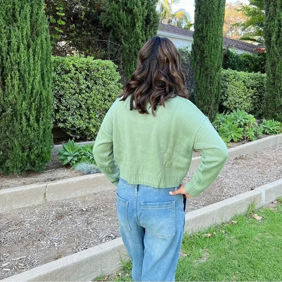 Cardigan Sweater Oversized Boxy Floral Waist Length Green Leaf Knitted Soft - Picture 4 of 7